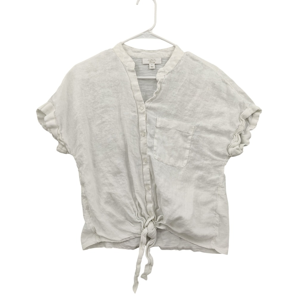 Charter Club Womens Coastal Clean Gril Linen Cotton Tie Front Top S White Button